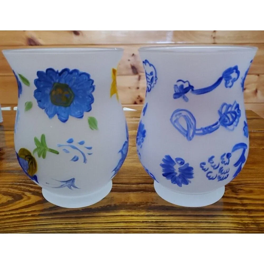 Lot of 2 Hallmark Hurricane Candle Holders Set Votive Blue Yellow In box
